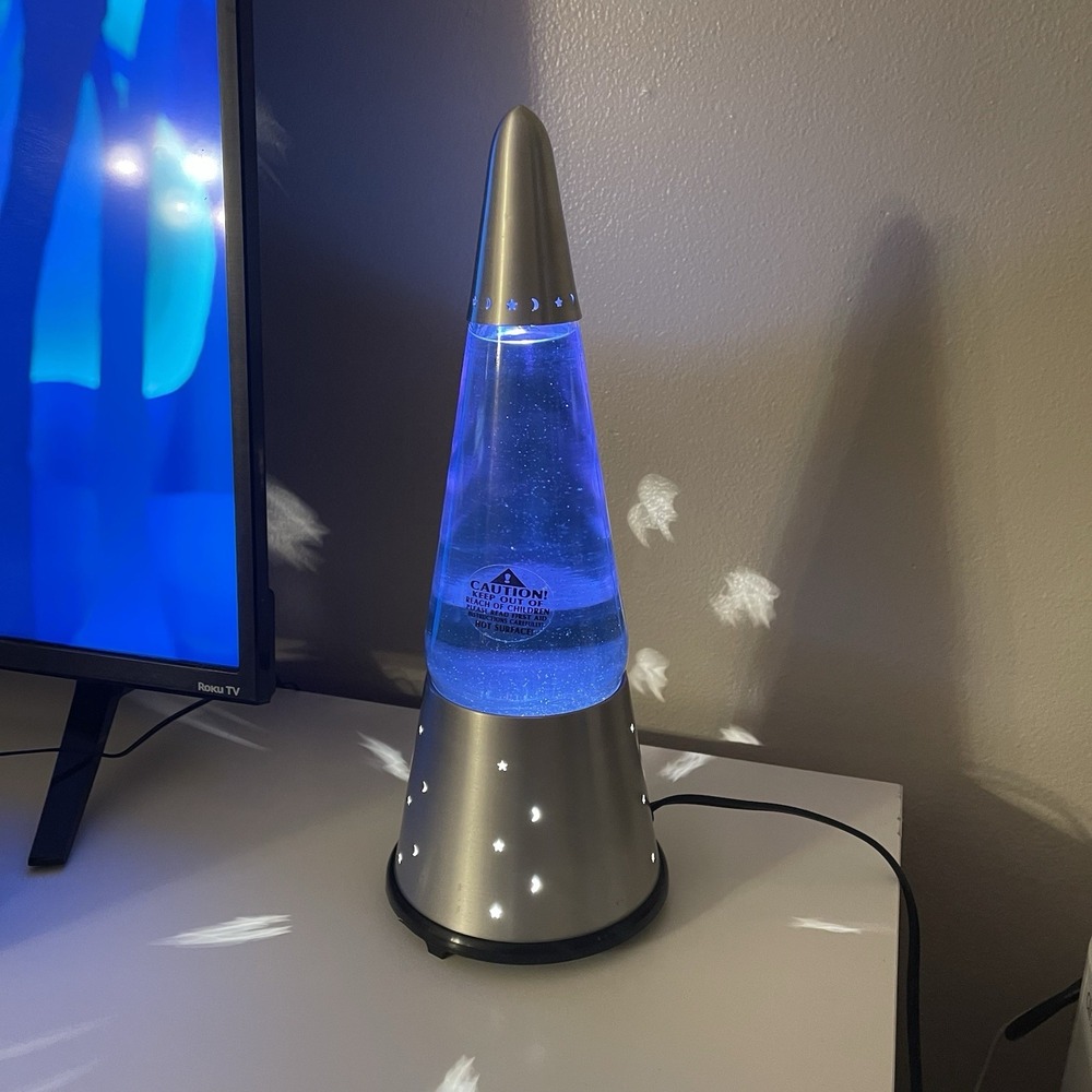 Vintage Lava Lite Wizard Glitter Lava Lamp Blue Liquid Silver Base Stars Moon